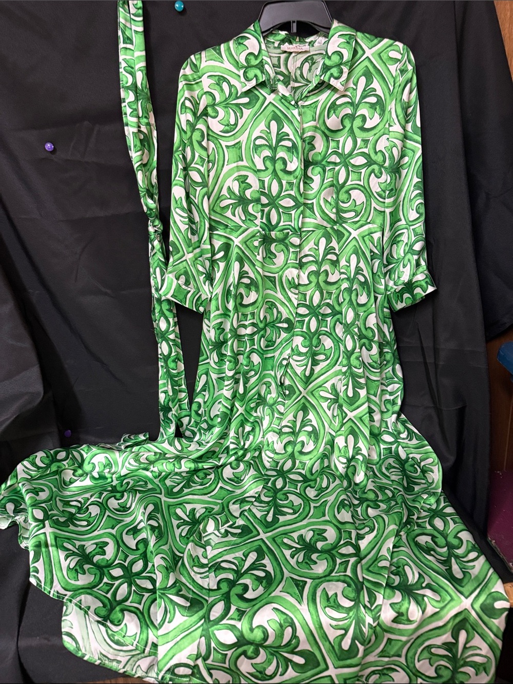 Marina St Barth 100%Silk Green Printed Maxi Dress with Belt/neck Tie